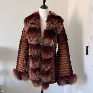 Vintage Brown Ribbed Real Fox/Rabbit Fur Coat/Jacket with Pom Pom Cuff | S-M